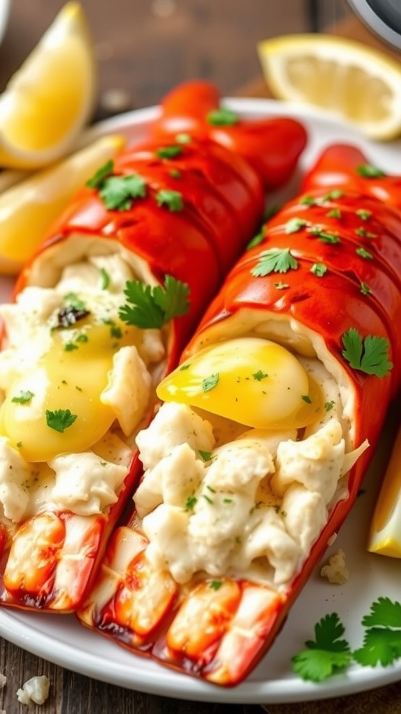 Air fryer lobster tails with garlic butter and parsley, served with lemon wedges.
